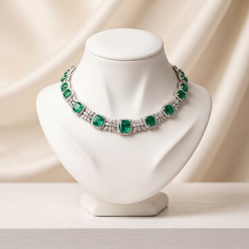 Elegant emerald and diamond necklace displayed on a white mannequin bust with necklace gemstone accessory mannequin