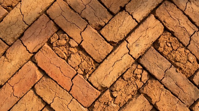 Rustic terracotta brick floor with herringbone pattern, weathered clay masonry texture, antique orange brickwork background