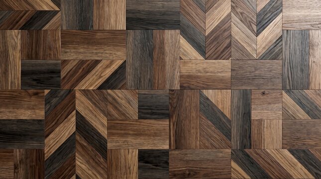 Rustic walnut wood parquet texture, dark brown herringbone timber flooring, decorative mosaic wooden wall paneling for interior design