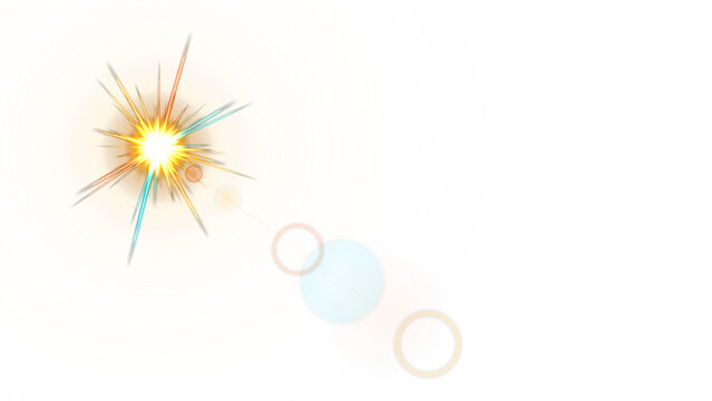 Warm cinematic lens flare with starburst and optical bokeh circles. PNG image of glowing sunlight flare isolated on transparent background.