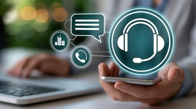 Hand holds a smartphone showcasing a glowing headset icon for virtual customer assistance.