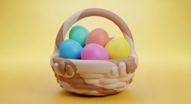 Minimalist 3D Easter basket filled with colorful matte pastel eggs on a solid yellow background