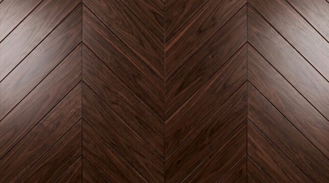 Dark walnut chevron wood paneling, elegant mahogany parquet flooring texture, luxury timber wall background for interior design