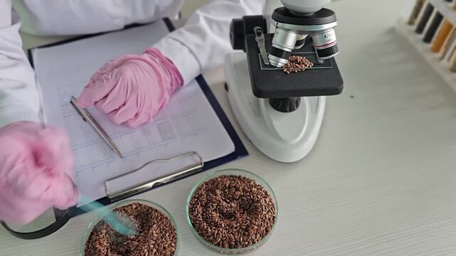 A scientist studying flax seeds under a microscope. Analysis of the nutritional value of flax seeds and their impact on health.