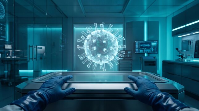 Researcher Hands Interacting with Holographic Virus