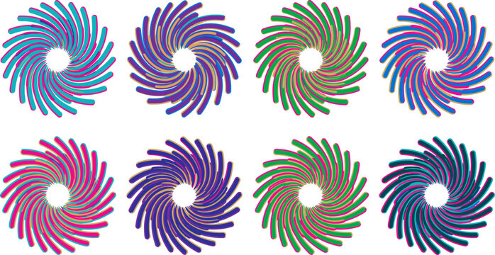 Abstract spiral sunburst vector set, colorful geometric radial swirl icons, 8 vibrant circular vortex design elements for logos