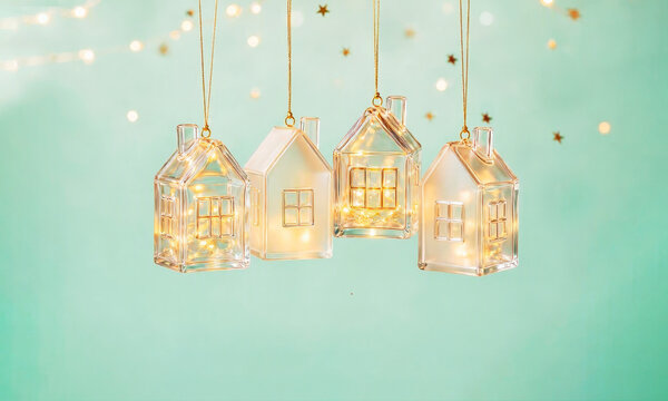 A Christmas background with glass houses and golden glitter. Concept for a cozy family Christmas.