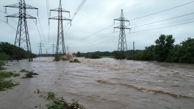Flooded Landscape with High Voltage Power Lines Amidst Rising Waters.