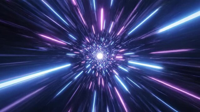 Bright light streaks accelerate towards the viewer in a dark space video speed acceleration