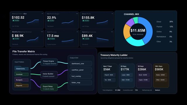 Dashboard 3 finance HUD user interface with risk heat map, exposure metrics, volatility sensors, warning indicators and futuristic fintech analytics motion graphics