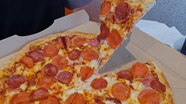 Enjoying pizza delivery with pepperoni at home in the evening