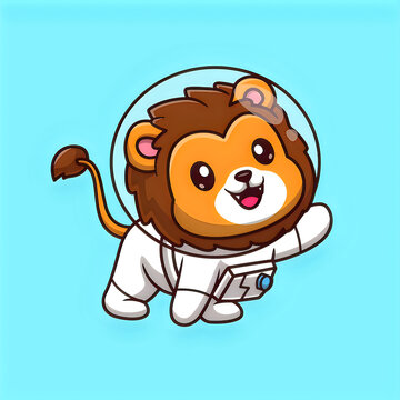 Cute little lion astronaut floating in space helmet holding a camera vector cartoon illustration