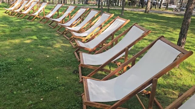 Sunbathing chairs arranged in a park during the day in summer