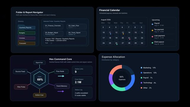 Dashboard 4 finance HUD user interface with regional revenue mix, channel shares, allocation charts, market indicators and futuristic fintech business motion graphics