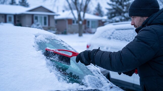 Man cleaning snow from car windshield with brush in winter weather