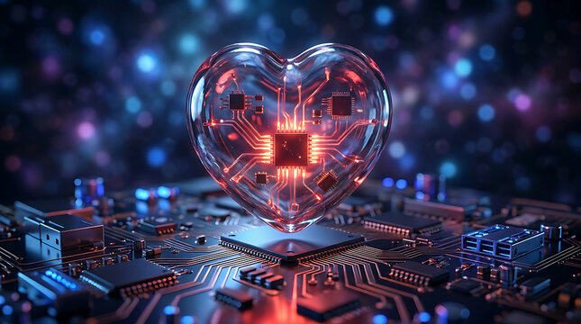 Glass heart with internal circuitry floating above a computer circuit