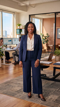 Confident professional woman standing in a modern office environment, representing business, corporate lifestyle, leadership, career, workplace culture, and professional fashion.