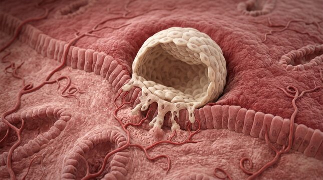 Embryonic cellular formation: blastocyst implant, uterine embed, embryo develop, cell divide, human begin, growth process, prenatal stage, life start, medical view.