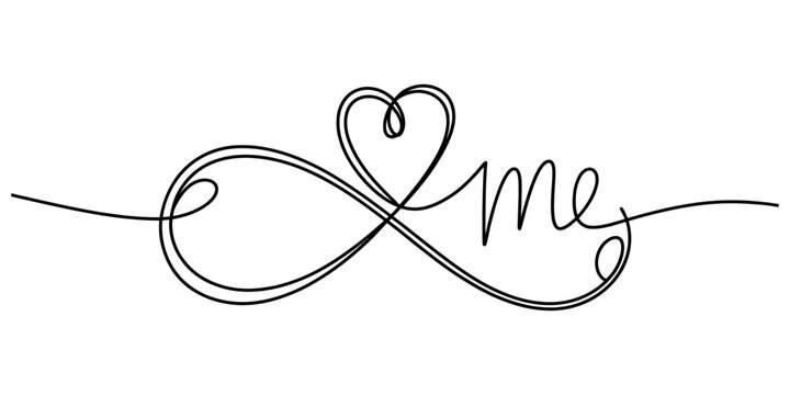 Infinity symbol intertwined with heart and word me, representing eternal love, self love and endless connection, stylish graphic for t-shirts or cards.