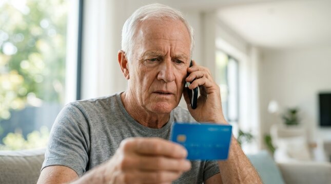 Senior pension fraud victim talking on a smartphone and looking at a bank card.