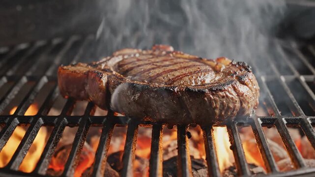 Steak grilling over open flame on barbecue cooking progression in three frames video barbecue
