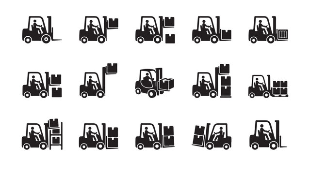 Set of Forklift Truck Icons for Logistics and Warehouse Operations