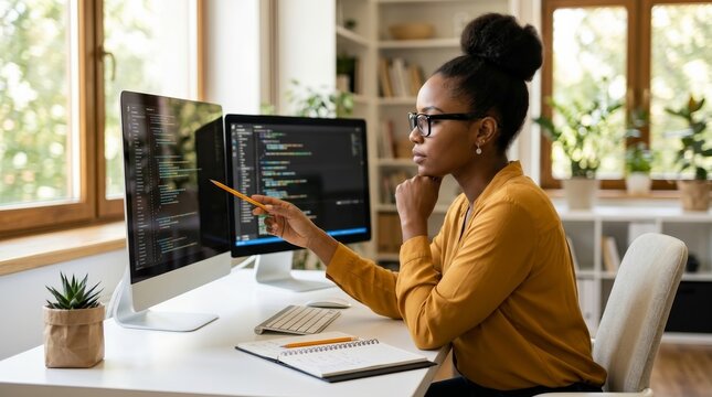 Concentrated African American female coder writing software in a bright office.