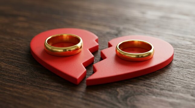 A pair of gold wedding rings resting on a split red heart.