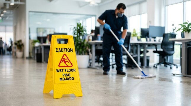 Professional cleaner in blue uniform using a mop with a yellow wet floor sign.