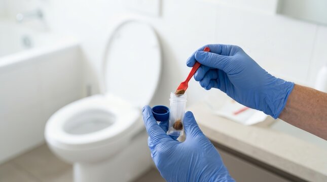 A patient performing a diagnostic procedure using a sample collection kit for clinical testing.