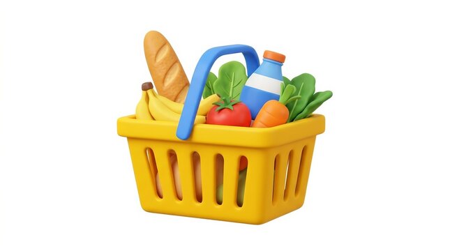 A colorful 3D grocery basket containing fresh vegetables, fruits, bread, and milk isolated on white.