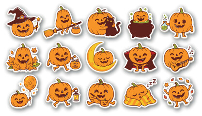 Fototapeta premium Set of cute cartoon halloween pumpkin stickers with various costumes and festive elements for seasonal holiday decorations