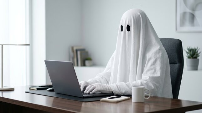 Professional ghostwriter working on a laptop computer while wearing a ghost costume.