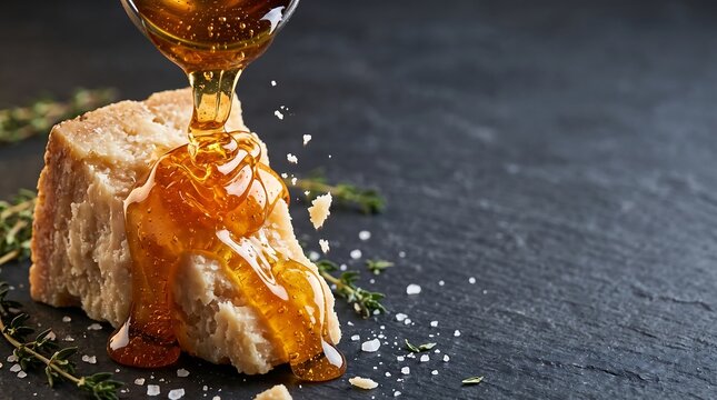 Golden sweet honey pouring over a wedge of aged parmesan cheese on dark slate background with salt and thyme