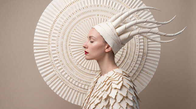 Elegant side-profile portrait of a futuristic woman wearing an intricate circular geometric headdress, blending fashion, fantasy, beauty, and contemporary artistic design.
