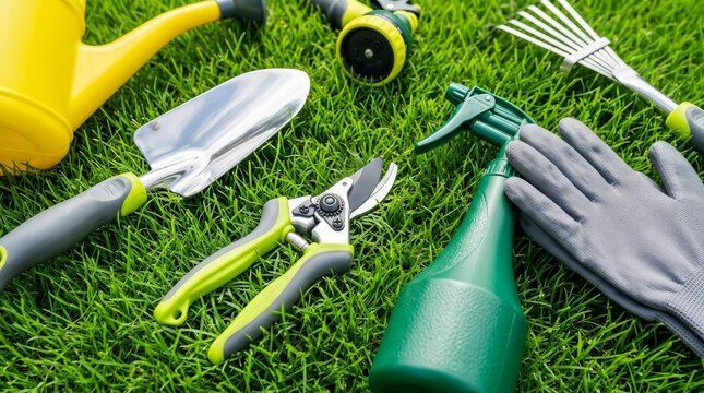 A collection of gardening equipment and tools scattered on a lawn.