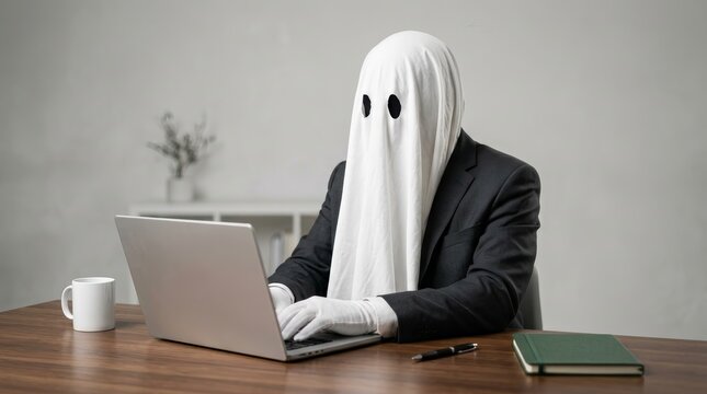 Professional ghostwriter working on a laptop computer while wearing a ghost costume.