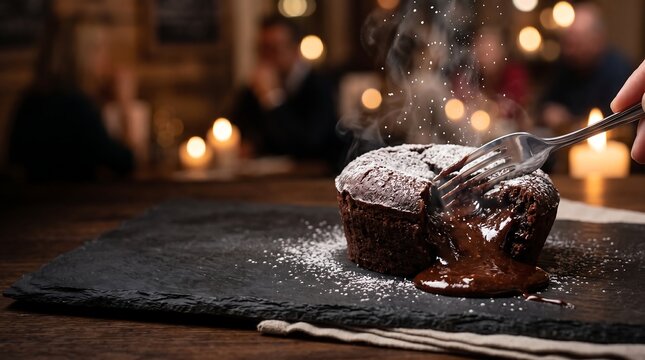 Warm molten chocolate lava cake oozing rich fudge on slate board in cozy restaurant setting