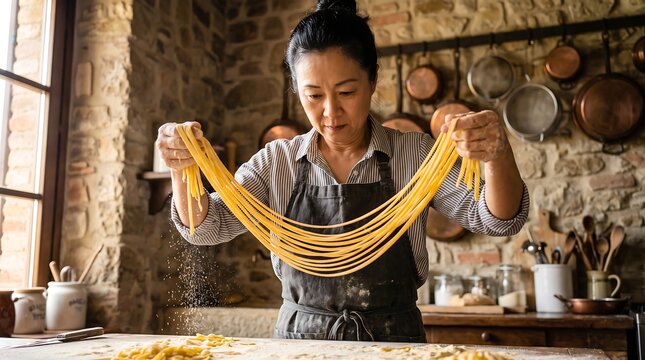 Focused Asian chef preparing fresh handmade pasta in a warm rustic kitchen with authentic tradition