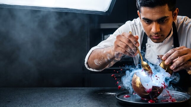 Focused pastry chef creating a dramatic molecular chocolate dessert with glowing smoke in dark luxury kitchen