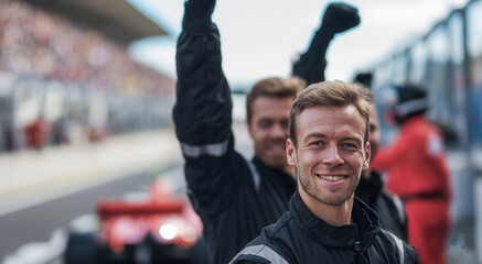 Obraz premium Confident pit crew mechanics in red racing overalls standing on pit lane with folded arms, smiling faces, helmets, and race day teamwork beside car under bright daylight