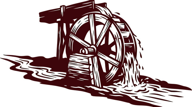 Rustic wooden water wheel with flowing water vintage mill mechanism isolated on transparent background