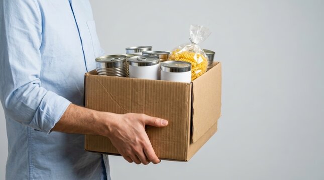 Donating groceries including canned goods and pasta to a local food bank donation drive.