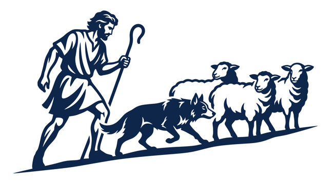 Shepherd with staff guiding sheep and wolf isolated vector illustration traditional biblical scene
