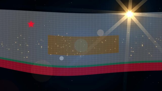 Abstract flag with red star and yellow stripe waving in the dark night sky with bright lens flare light effect 4K Motion Video