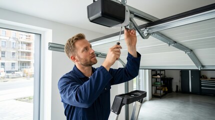 Fototapeta premium A skilled technician working on garage door repair and installation services.