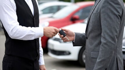 Naklejka premium Professional valet service giving car keys to a businessman.