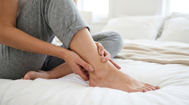 Close up of a person's hands massaging a sore Achilles tendon and heel.