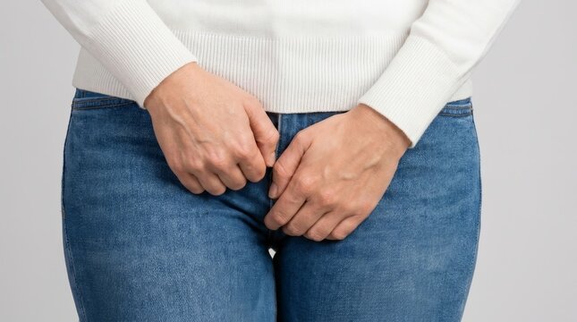 Woman clutching her pelvis while suffering from bowel incontinence and stomach pain.