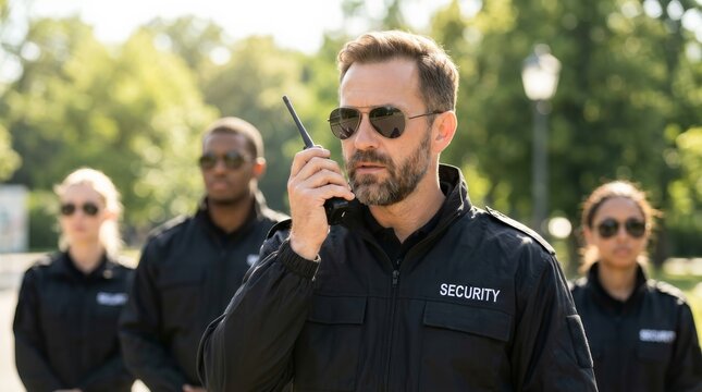 A group of security guards in uniform wearing sunglasses and using walkie-talkies.